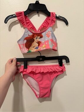 Girls Pink Ruffle Two-Piece Swim Set with Mermaid Graphic
